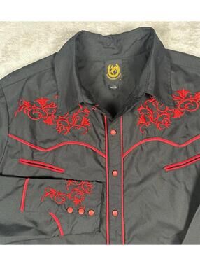 De Oro Mens Medium Black/Red Embroidered Rodeo Western Cowboy Shirt Rockabilly